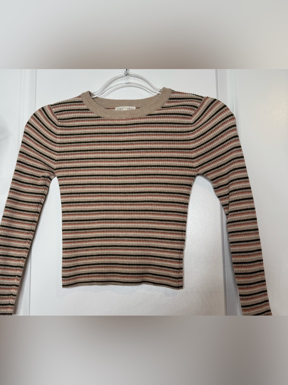 Copper Key Ribbed Long Sleeve Striped crop Top in Beige, Pink, Black, Cream Md